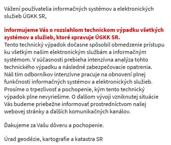 AKTUÁLNE Rozsiahly výpadok katastra