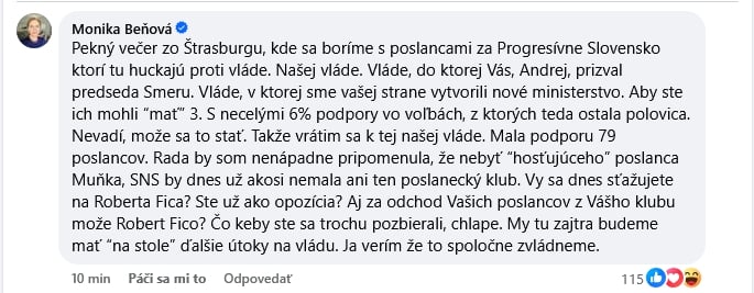 Beňová reaguje na Dankov