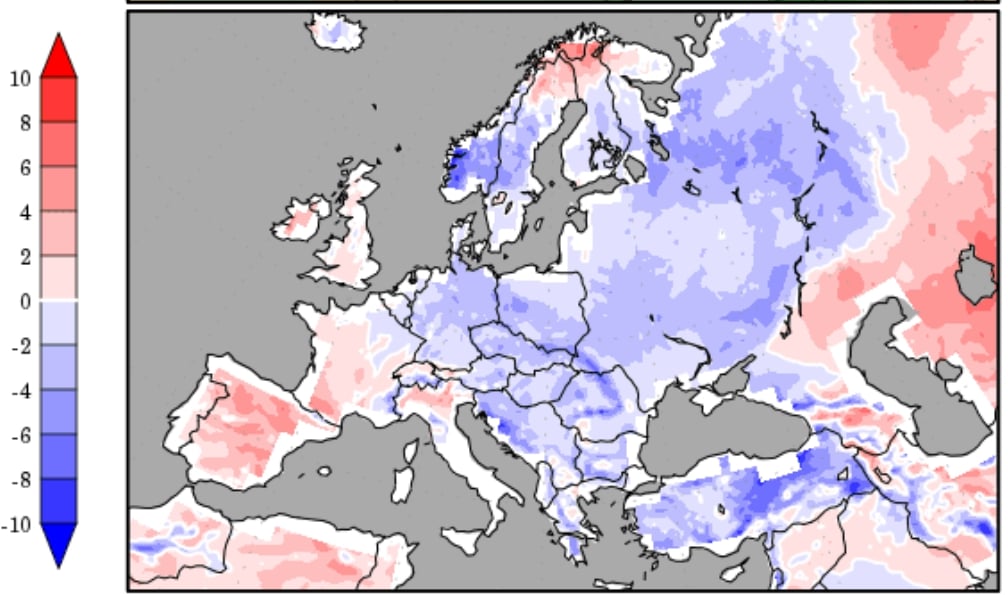 Predpokladané teplotné odchýlky od dlhodobého priemeru v Európe v dňoch 14.-22. februára 2025.