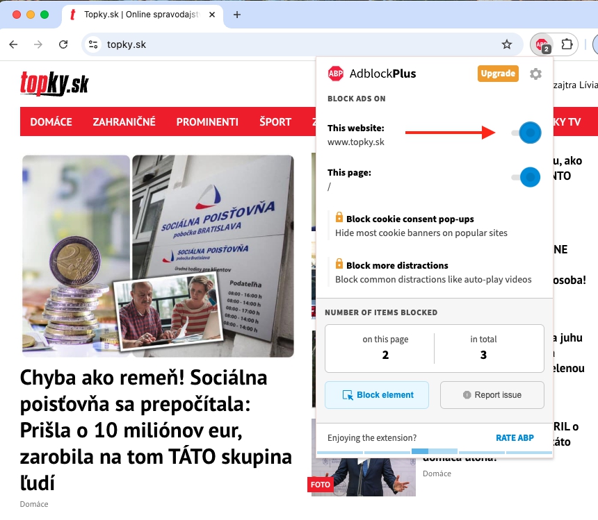 Ako vypnúť blokovanie reklám na stránke Topky.sk