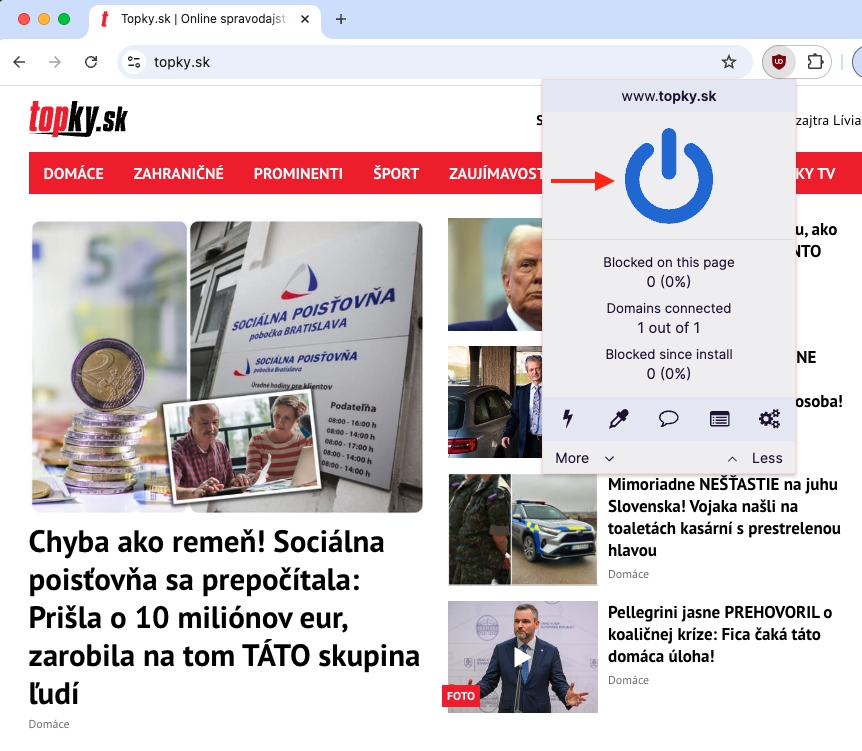 Ako vypnúť blokovanie reklám na stránke Topky.sk