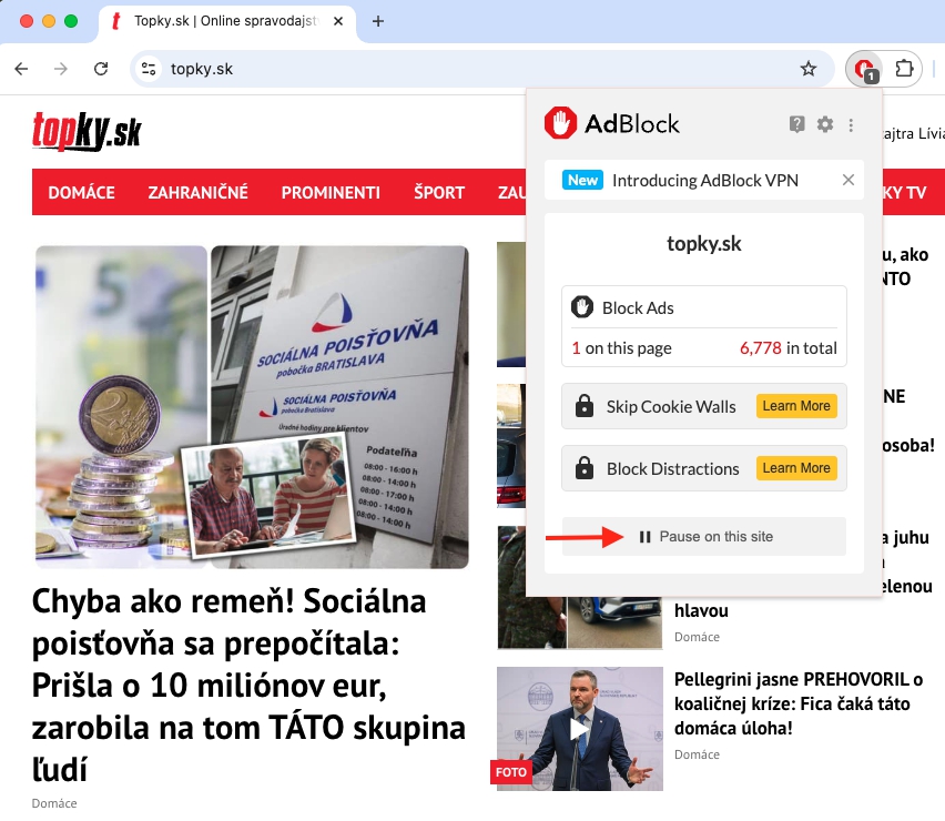 Ako vypnúť blokovanie reklám na stránke Topky.sk