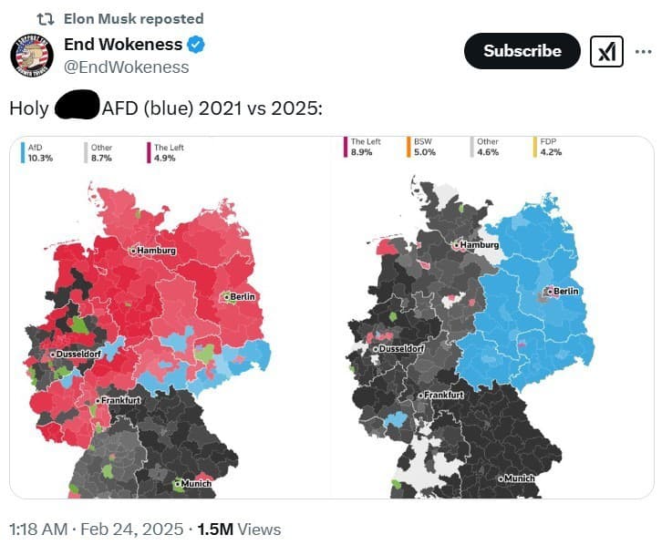 Výsledky hlasovania v parlamentných voľbách z roku 2021 a 2025. Východné Nemecko cez víkend jasne podporilo AfD