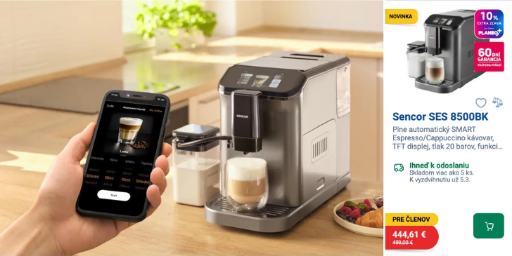 Kávovar Sencor SES 8500BK stojí s PLANEO+ o 54 eur menej.