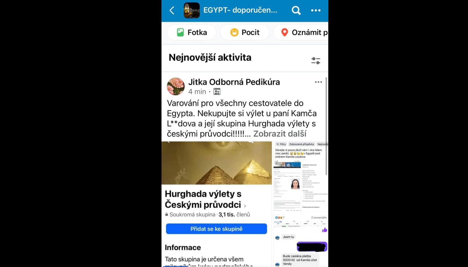Česká turistka Jitka upozorňuje na podvodníčku z egyptskej Hurghady.