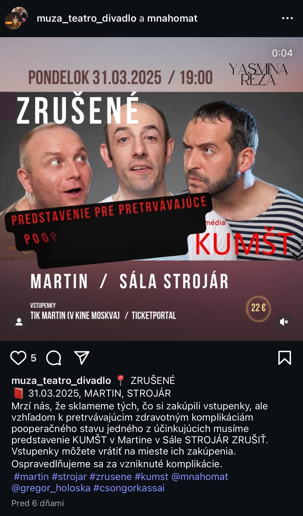 Herec Martin Mňahončák pre pooperačné ťažkosti ruší predstavenia.