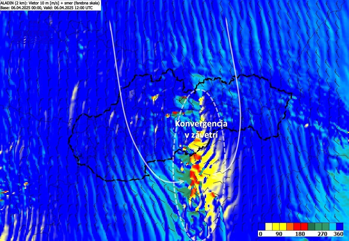 Smer vetra farebne: žltá = východný vietor, červená = južný vietor, zelená = západný vietor, modrá = severný vietor