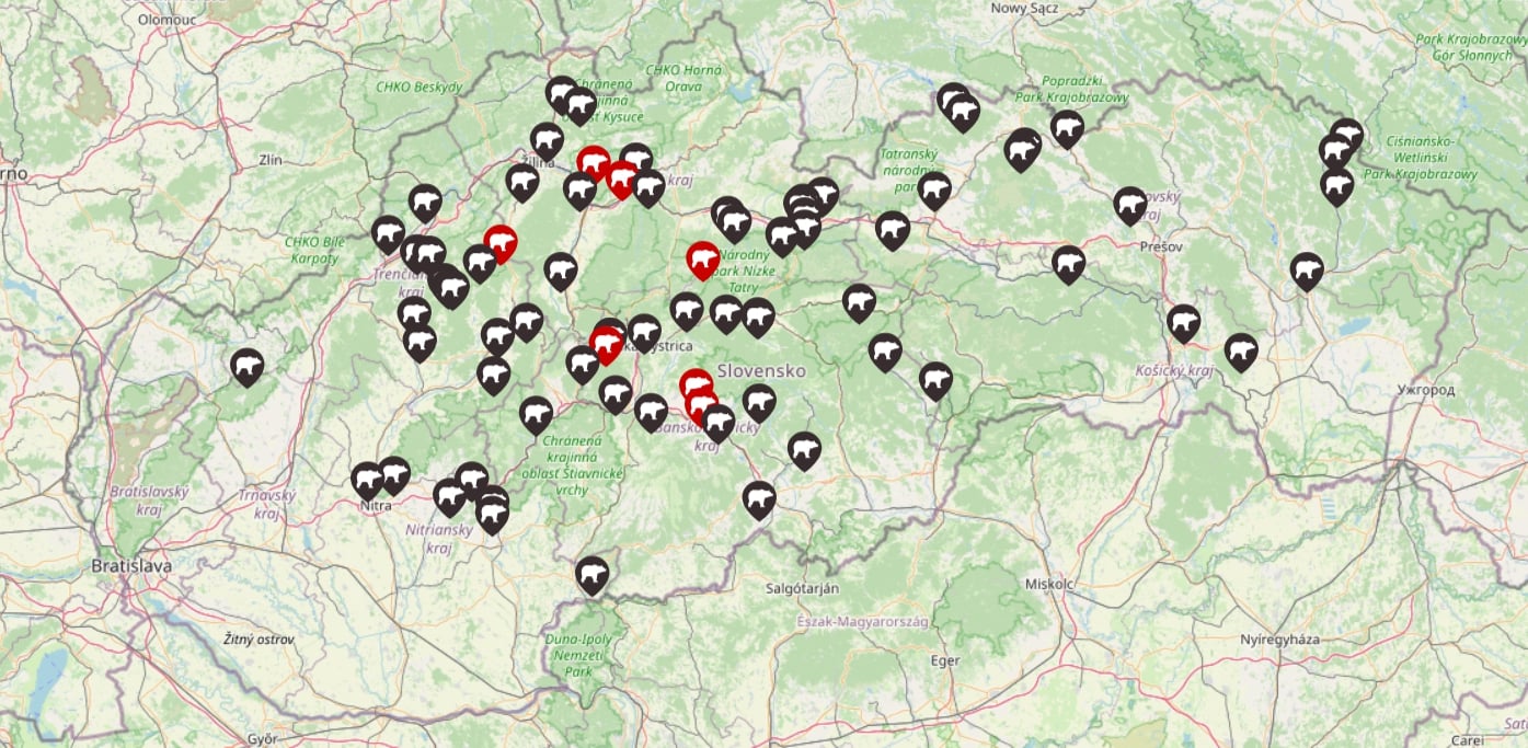 Mapa výskytu a stretov s medveďom v roku 2025