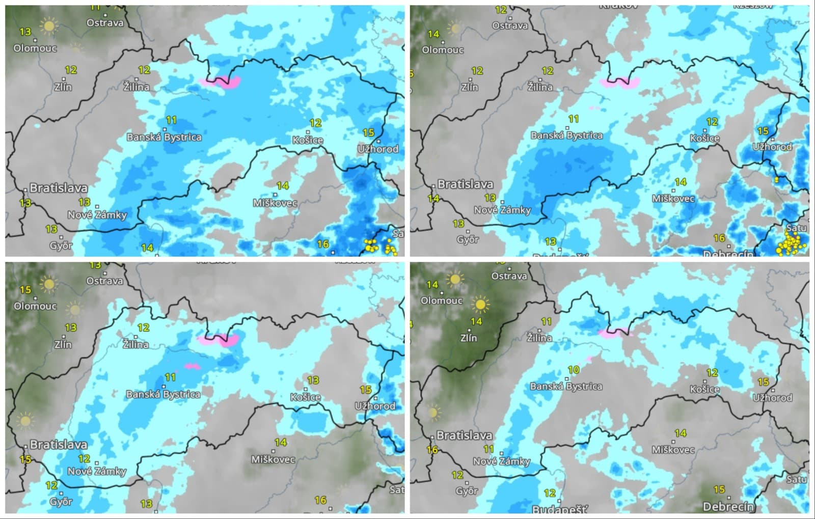 Vývoj dažďových prehánoch počas piatka o 12.00 h, 14.00 h, 16.00 h a 18.00 h