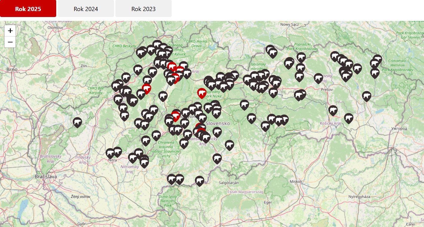 Mapa, kde hlásili výskyt medveďa v blízkostí obcí v roku 2025