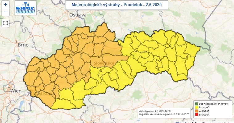 SHMÚ vydal výstrahu 2.stupňa pred búrkami