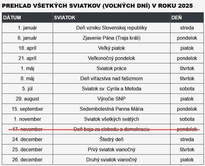 Zrušenie voľna 17. novembra
