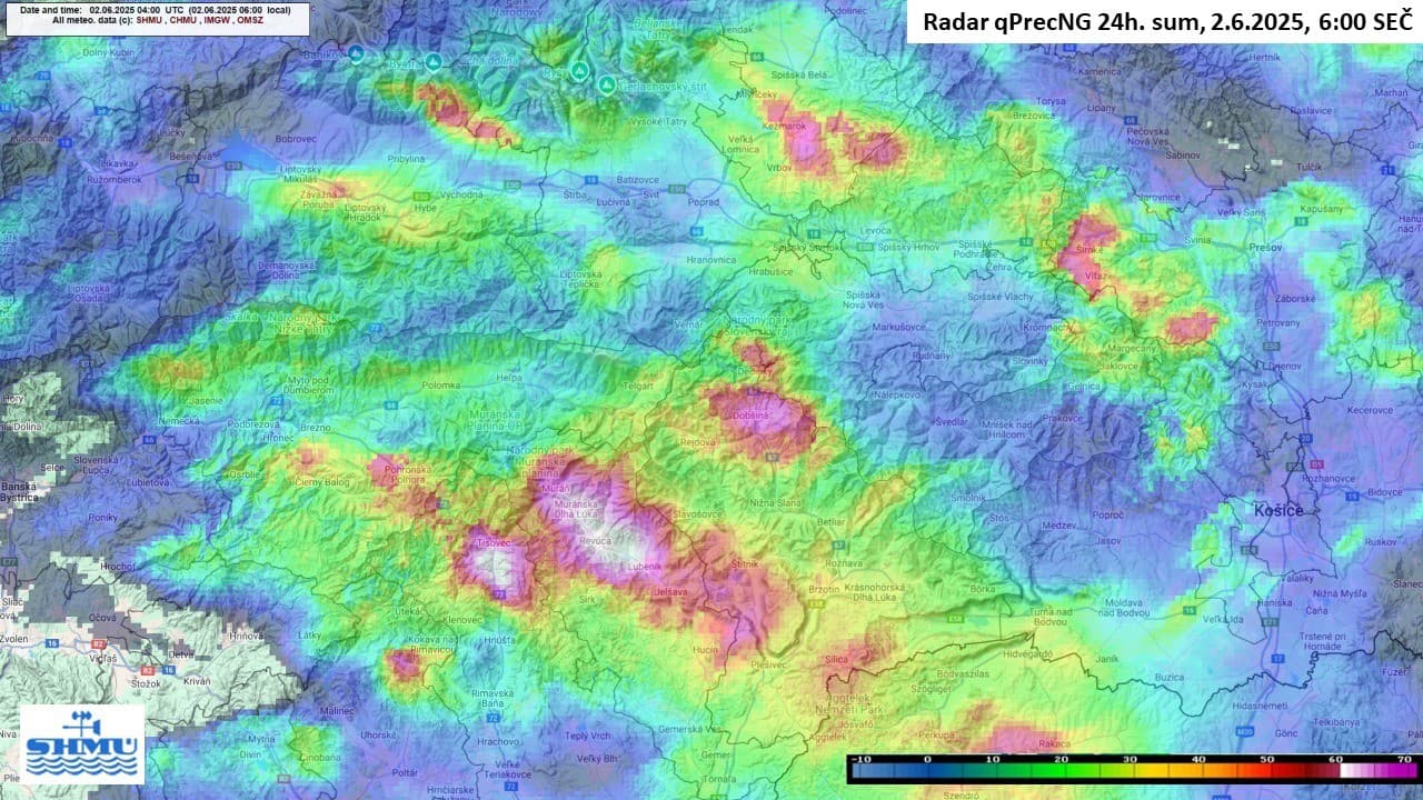 Radarový odhad 24-hodinových úhrnov zrážok v časti stredného a východného Slovenska k 2.6. o 6:00 ráno