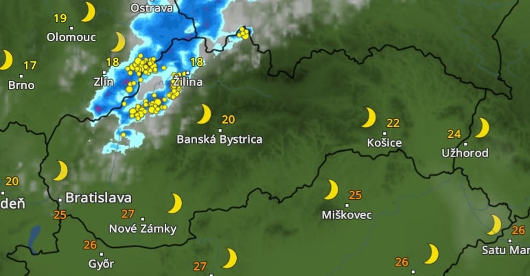 Predpokladané búrky o 21.00 h