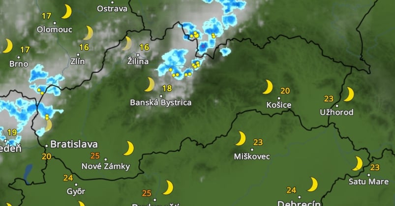 Predpokladané búrky o 23.00 h