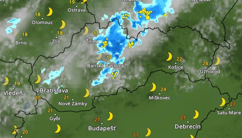 Predpokladaný prechod búrok o 22.00 h