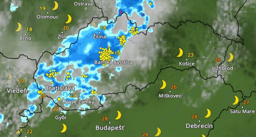 Predpokladaný prechod búrok o 21.00 h