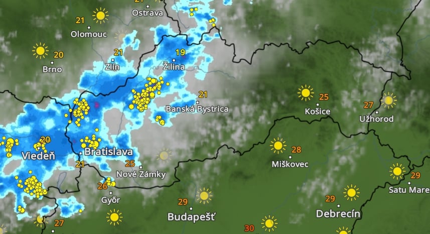 Predpokladaný prechod búrok o 20.00 h