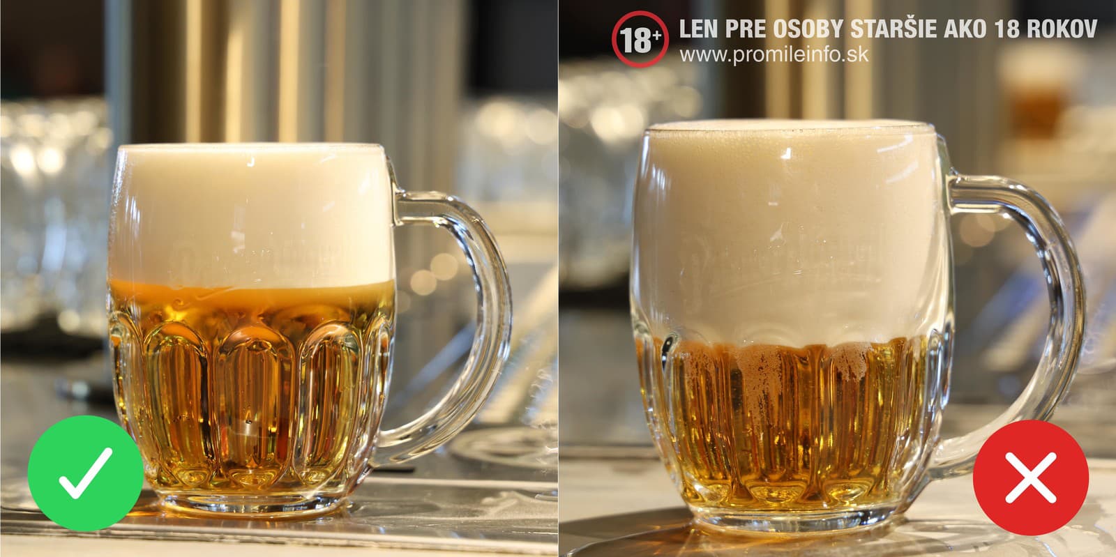 Vľavo správne a vpravo nesprávne načapovaný Pilsner Urquell (Foto: Ján Zemiar)