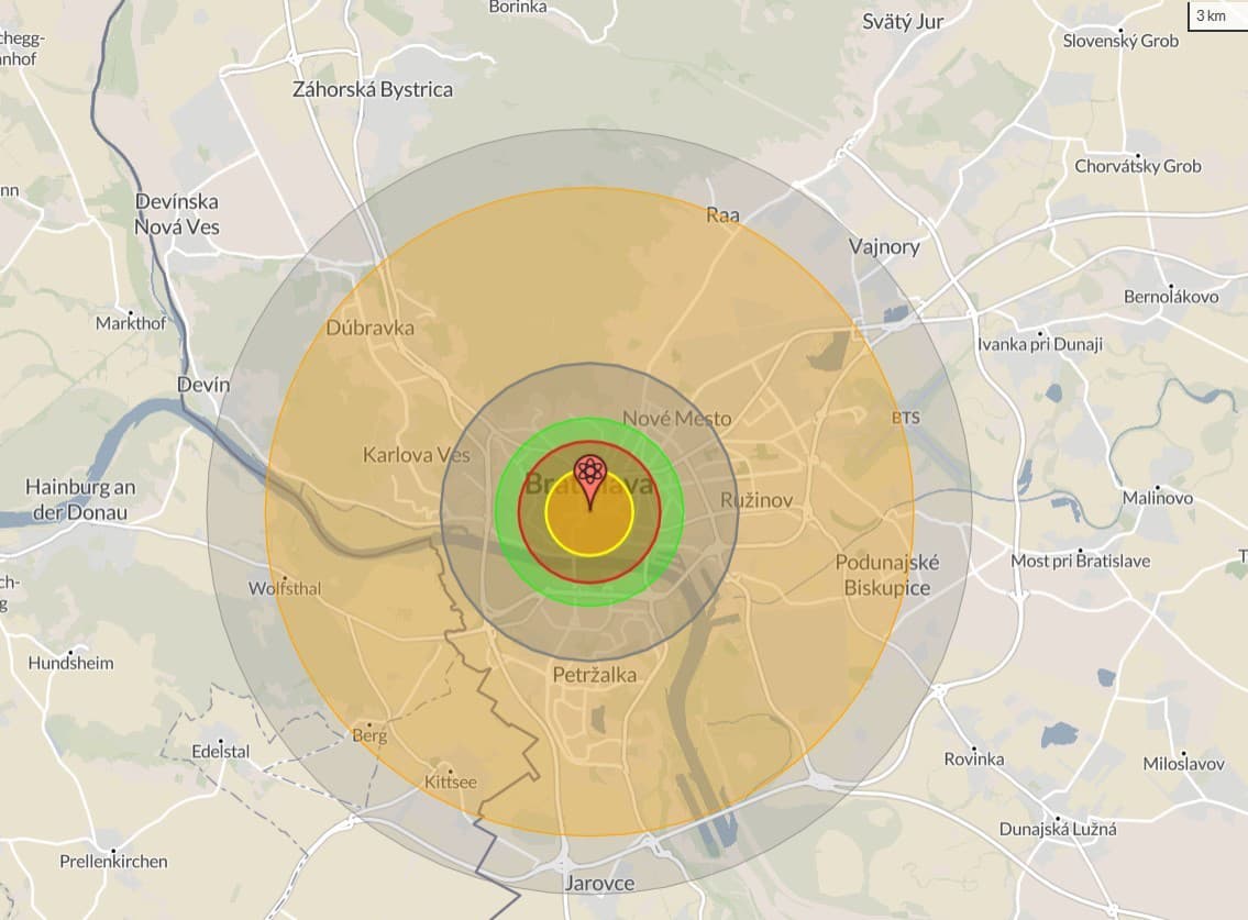 Simulácia výbuchu bomby po zasiahnutí Bratislavy (Staré Mesto)