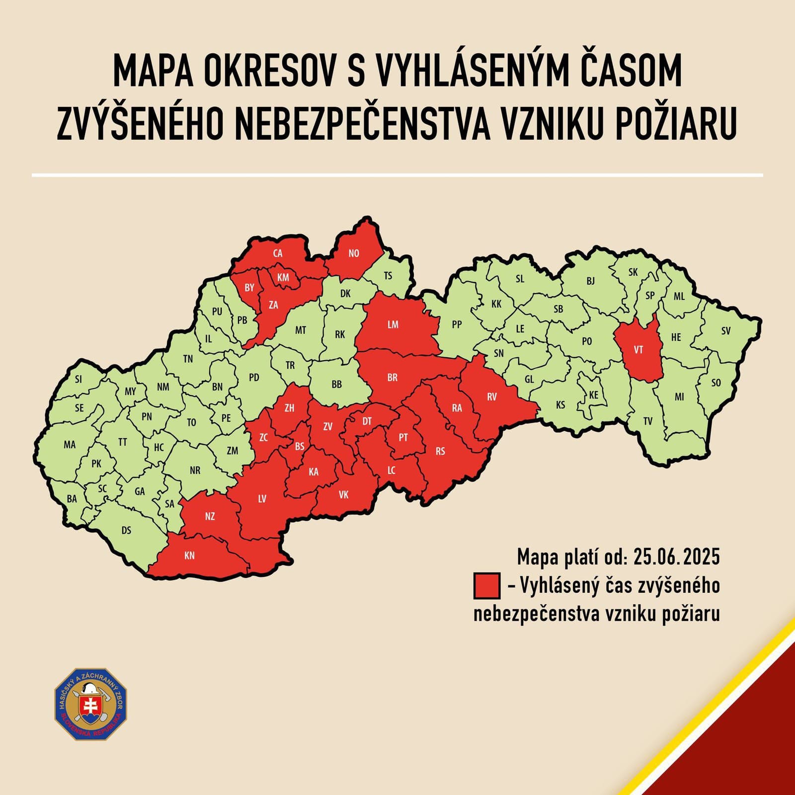 Mapa zvýšeného nebezpečenstva vzniku požiaru platná od 25.6.2025