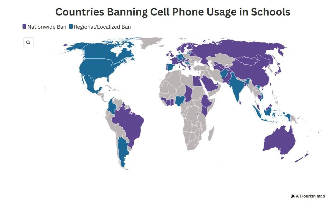 Mapa ukazuje zákaz používania mobilov na školách. Tmavšie zobrazenia platia pre celé krajiny, svetlejšie pre regióny