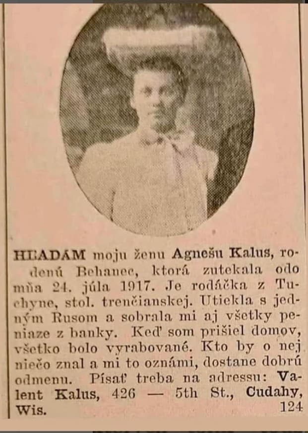 inzerát manžela Agneši Kalus v novinách