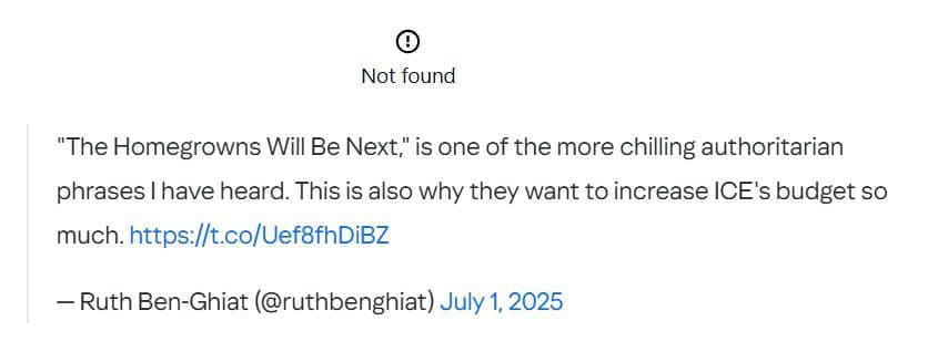 Profesorka histórie a odborníčka na fašizmus a autoritárske režimy Ruth Ben-Ghiatová uverejnila dňa prvého júla na sociálnej sieti X príspevok, ktorý bol neskôr odstránený. 