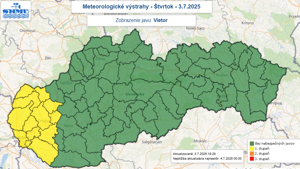 Vietor schladil západ Slovenska