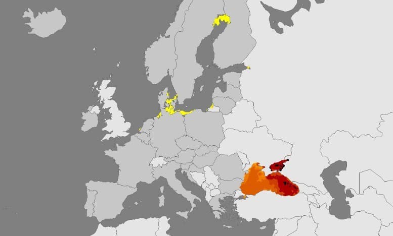 Výskyt baktérii rodu Vibrio v Európe. Najkritickejšie oblasti sú v okolí Baltského a Čierneho mora. 