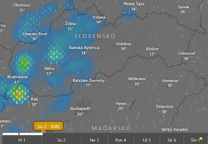 Na západe Slovenska by sa búrky mali vyskytnúť aj po polnoci