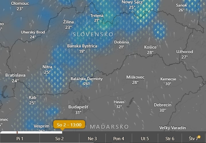 Predpoveď búrok a zrážok na sobotu 13.00 h
