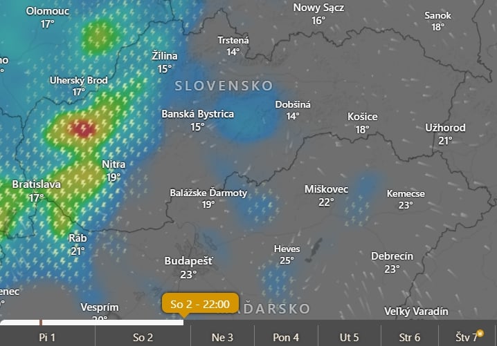Predpoveď búrok a zrážok na sobotu 22.00 h