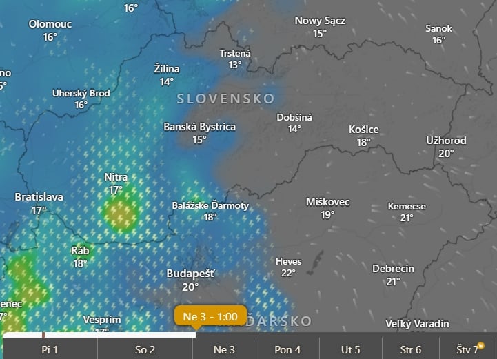 Predpoveď búrok a zrážok na nedeľu 01.00 h