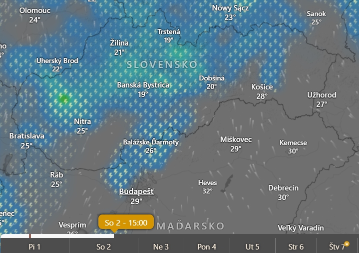 Predpoveď búrok a zrážok na sobotu 15.00 h