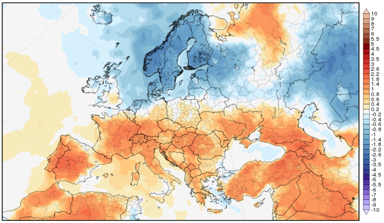 Predpokladané teplotné odchýlky v auguste v Európe