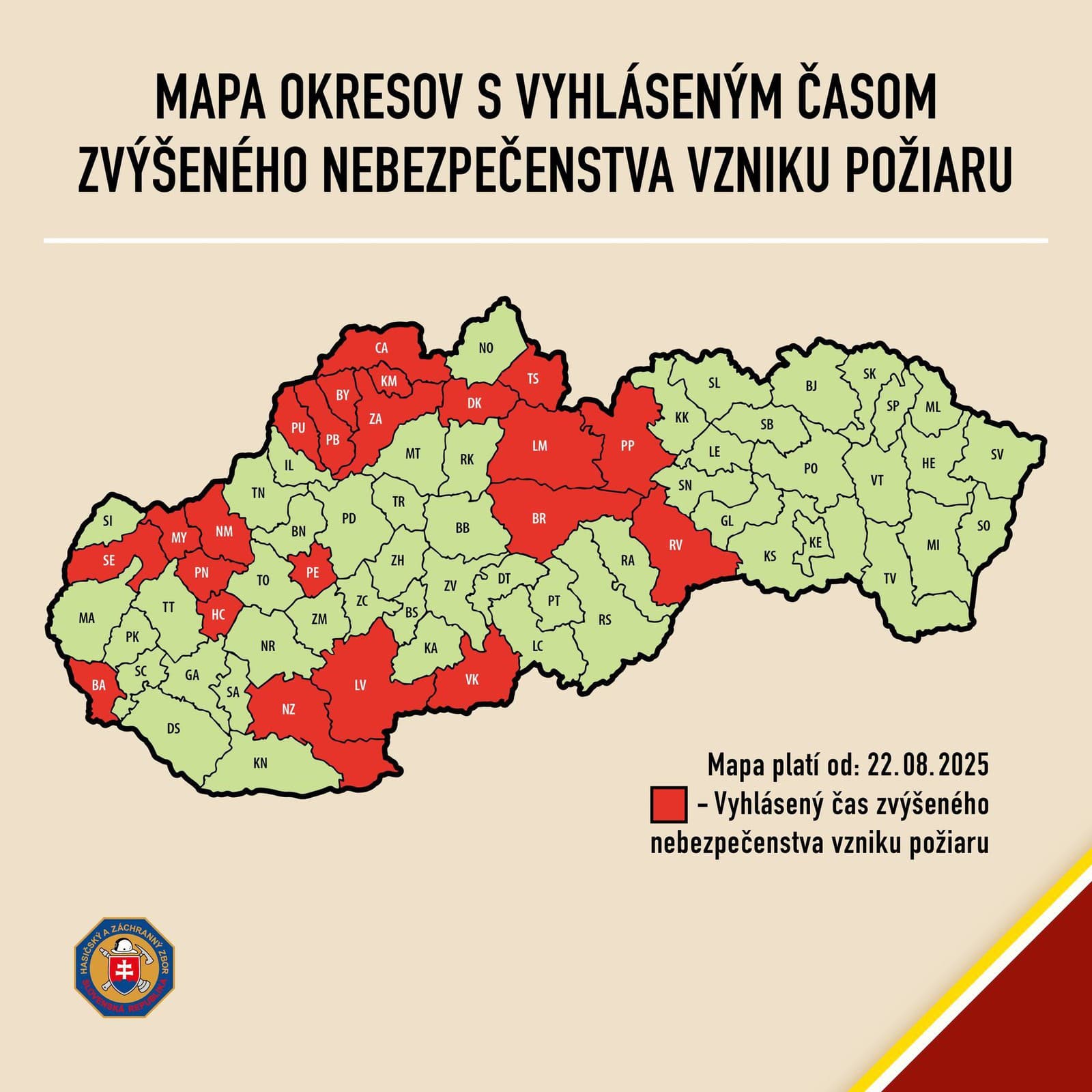 Mapa zvýšeného nebezpečenstva vzniku požiaru platná od 22.8.2025