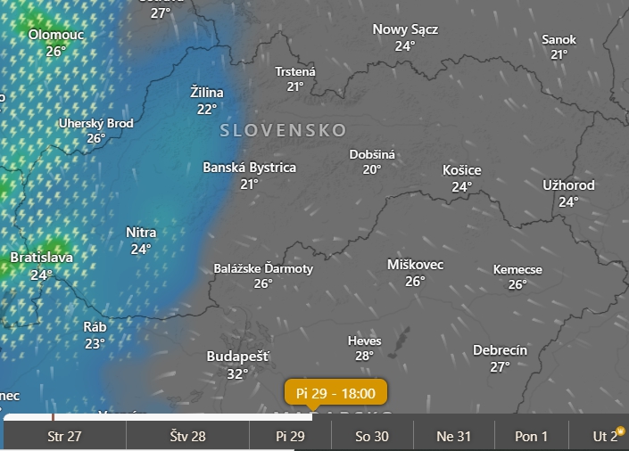 Predpokladané búrky v piatok o 18.00 h