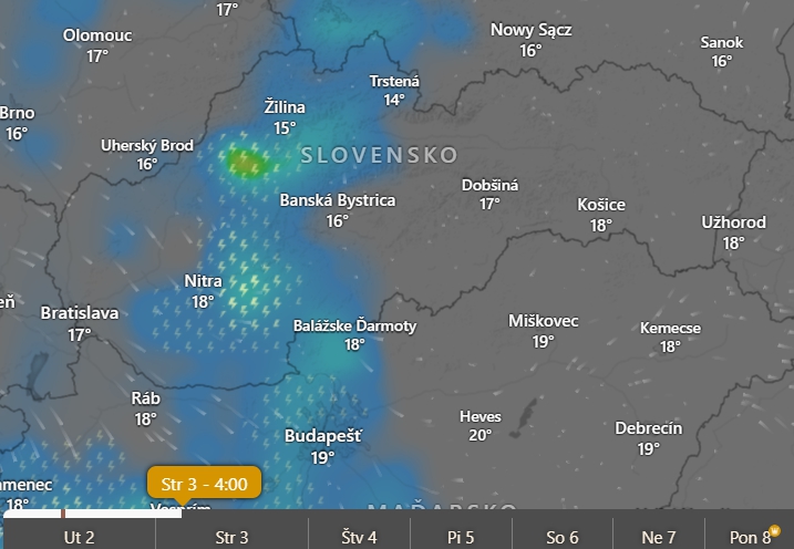Predpokladané búrky v stredu o 04.00 h