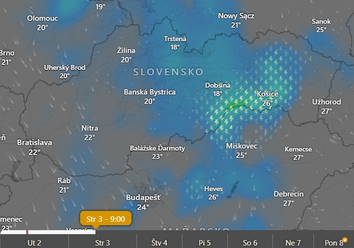 Predpokladané búrky v stredu o 09.00 h