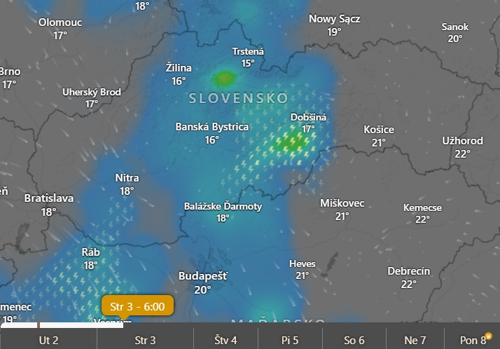 Predpokladané búrky v stredu o 06.00 h
