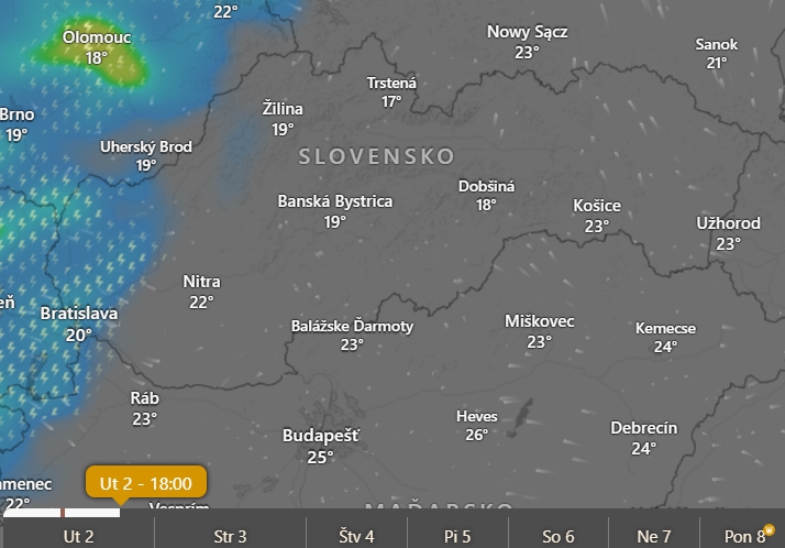Predpokladané búrky v utorok o 18.00 h