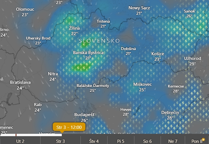 Predpokladané búrky v stredu o 12.00 h