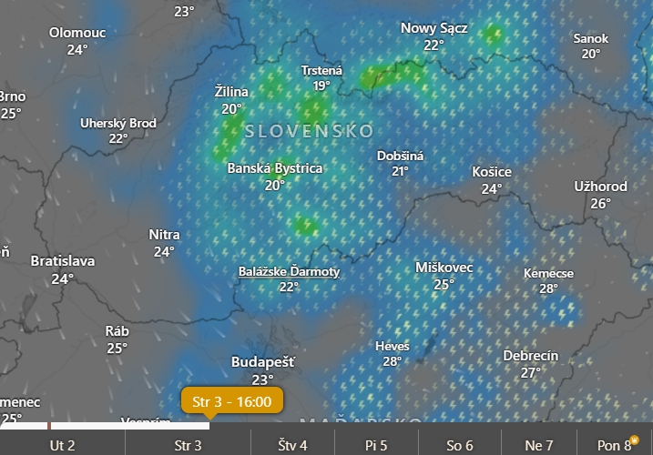 Predpokladané búrky v stredu o 16.00 h