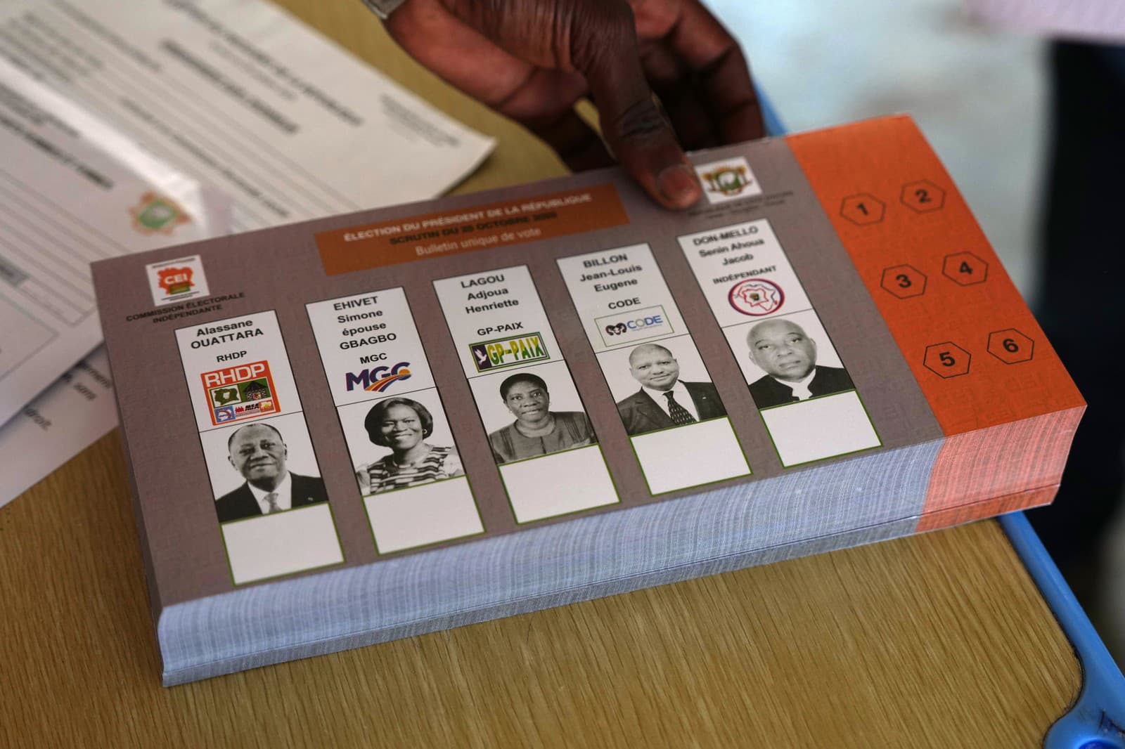 Hlasovacie lístky s menami prezidentských kandidátov počas volieb na Pobreží Slonoviny.