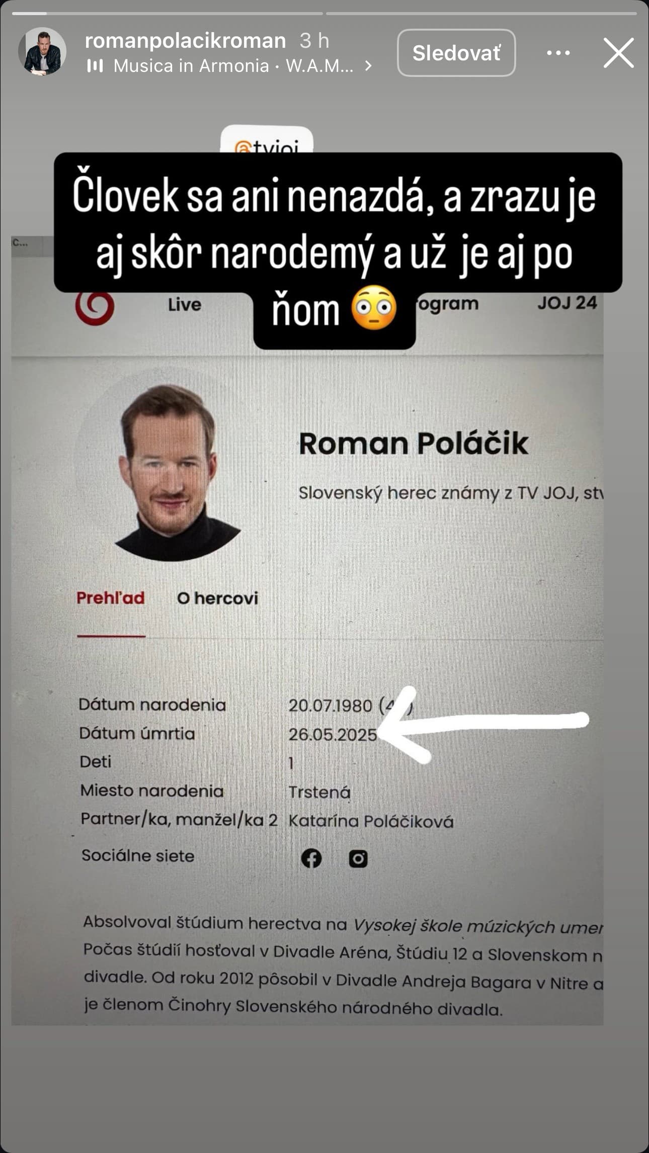 Na profil Romana Poláčika na stránkach televízie JOJ zrejme zaútočil škriatok.