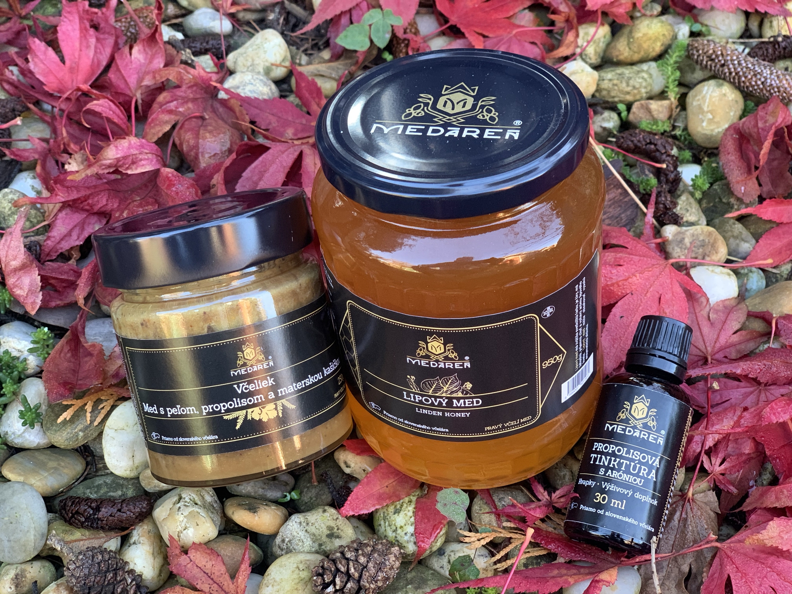 Med s peľom, propolisom a materskou kašičkou, lipový med a propolisová tinktúra s aróniou