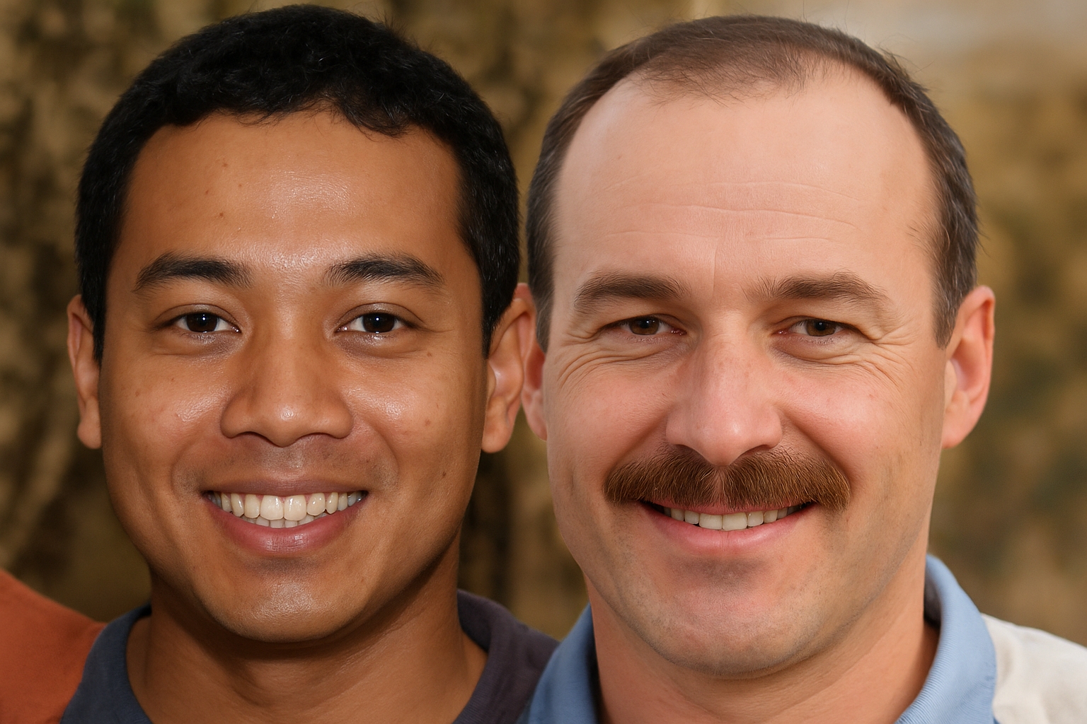 Na spoločnej fotografii sú dvaja muži stojaci vedľa seba. Osoba vľavo je vytvorená umelou inteligenciou, zatiaľ čo osoba vpravo je skutočný človek.