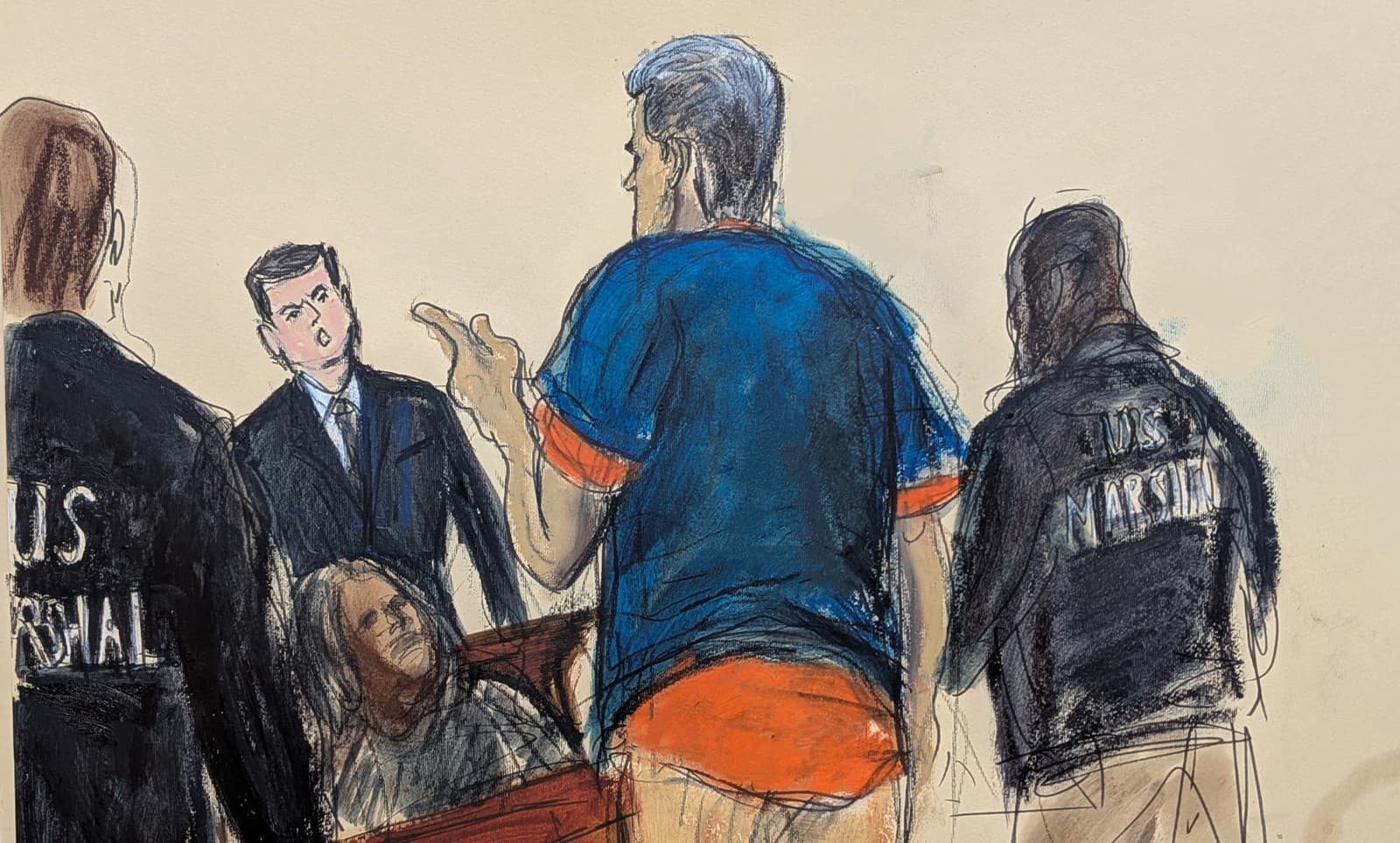 Na kresbe zo súdnej siene venezuelský prezident Nicolás Maduro (uprostred) reaguje počas pojednávania na federálnom súde v newyorskom Manhattane.