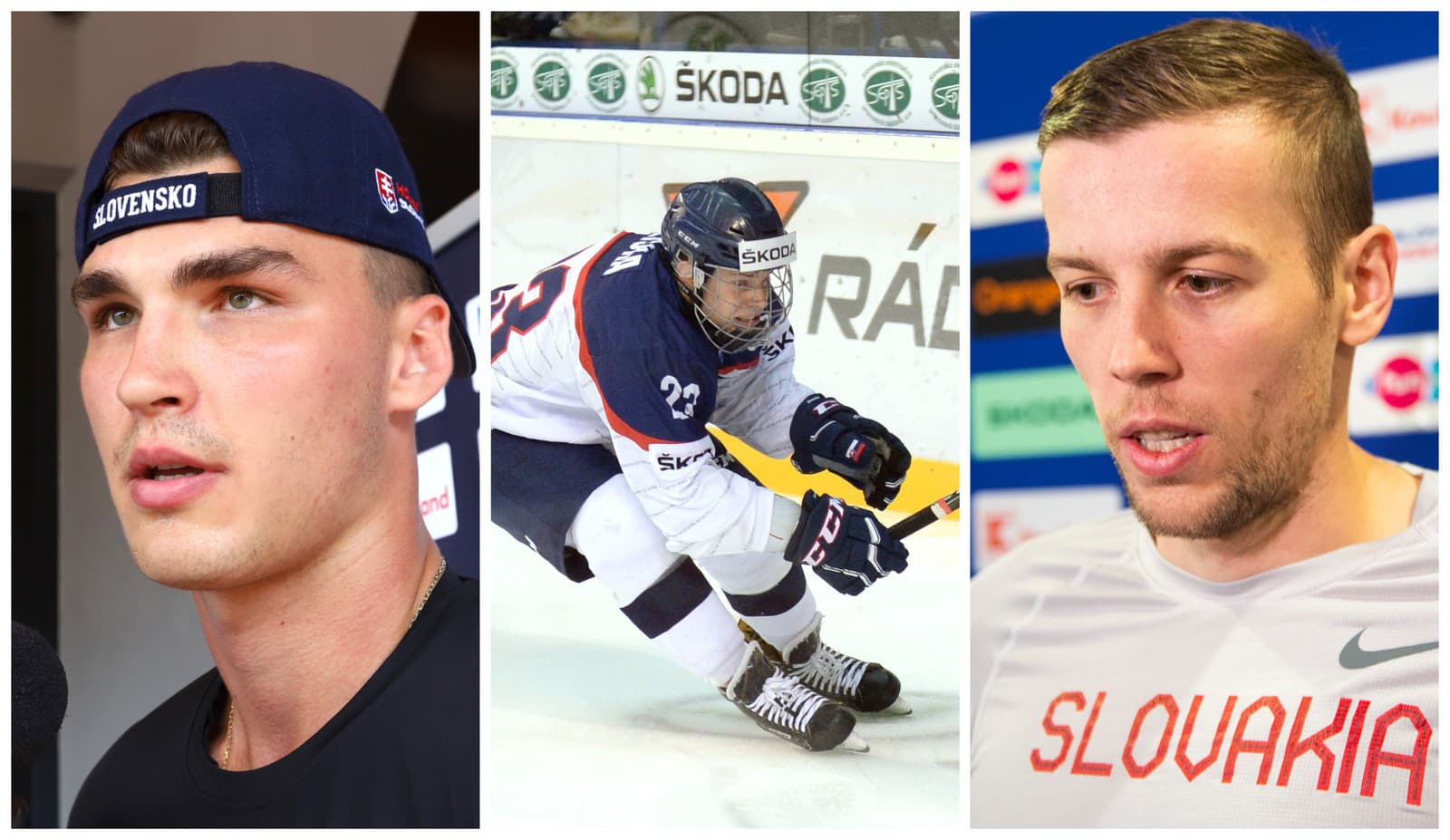 Hokejisti KHL, ktorí budú reprezentovať Slovensko na ZOH 2026: (zľava) Adam Ružička, Adam Liška a Martin Gernát